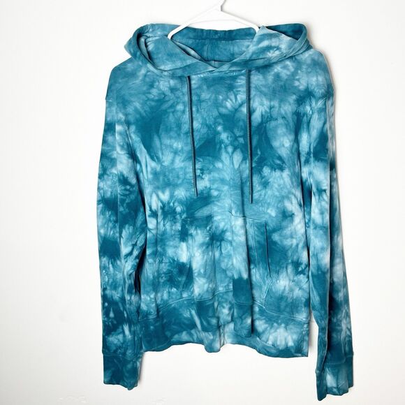 Athleta Sweatshirt Women XL Blue Tie Dye Hooded Kangaroo Handwarmer Pocket Crop - Picture 1 of 7